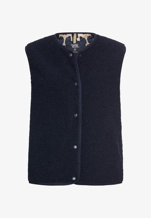 Marineblaue ärmellose Weste aus strukturierter Fleeceware mit Druckknopfverschluss und kontrastierendem gemustertem Futter im Kragen.