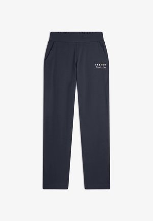 Pantalones deportivos Navy hechos de una tela suave, con cintura elástica, dos bolsillos laterales y un pequeño logo en el muslo izquierdo.