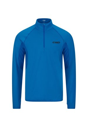 Blue long-sleeve athletic pullover with quarter zip and black "cep" logo on chest, featuring mesh panels under arms for ventilation.