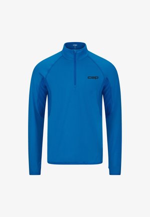 Blauwe lange mouwen sportpullover met een ritssluiting tot een kwart van de lengte en een zwart "cep"-logo op de borst, met meshpanelen onder de armen voor ventilatie.