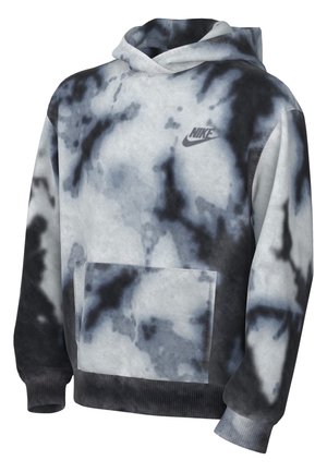 Bluza z kapturem w wzór tie-dye w odcieniach szarości i czerni, z przednią kieszenią i ściągaczami na rękawach. Logo Nike na piersi.