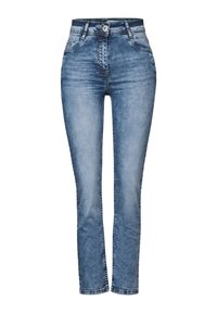 Světle modré džíny s úzkým střihem, vysokým pasem, zipem a stříbrným knoflíkem. Mají jemné vyblednutí a našité detaily na kapsách.