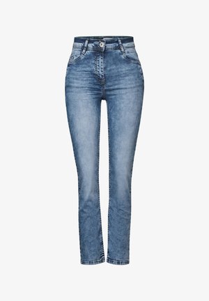 Hellblaue Denim-Jeans mit schmaler Passform, hoher Taille, Reißverschluss und silbernem Knopf. Verfügt über dezente Ausbleichungen und genähte Akzente an den Taschen.