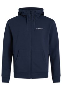 Navy blue zip-up hoodie made of soft material; features a front pocket, ribbed cuffs, a drawstring hood, and a small logo on the chest.