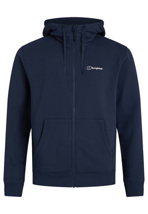 Marineblaues Zip-Hoodie aus weichem Material; verfügt über eine Fronttasche, gerippte Bündchen, eine Kapuze mit Kordelzug und ein kleines Logo auf der Brust.