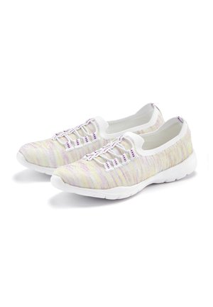 Multicolor slip-on shoes featuring a textured knit upper in pastel shades of purple, yellow, and white with elastic laces and a white sole.