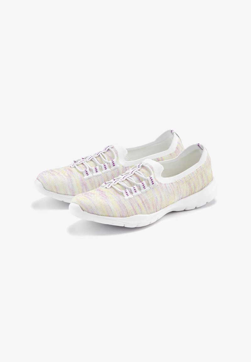Multicolor slip-on shoes featuring a textured knit upper in pastel shades of purple, yellow, and white with elastic laces and a white sole.