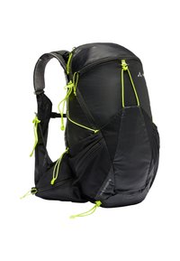 Zwarte rugzak gemaakt van duurzaam materiaal, met heldergroene accenten, verstelbare koorden, meerdere met rits afsluitbare vakken en een ergonomisch ontwerp.
