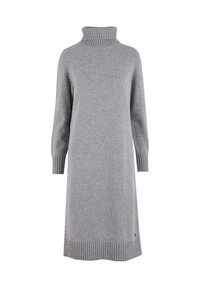 Langes graues Strick-Turtleneck-Kleid mit geripptem Kragen, Bündchen und Saum, auf einem schlichten weißen Hintergrund präsentiert.