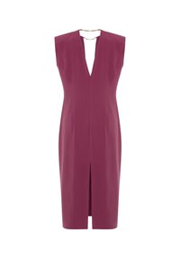 Robe sans manches prune avec un décolleté en V profond, une fente à l'avant et un détail d'accent doré au niveau de l'encolure. Tissu lisse et structuré.