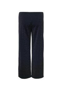 Hlače širokih nogavic v temno modri barvi z rahlim leskom; narejene iz teksturirane tkanine. Imajo sproščen kroj in zaključek brez okrasnih detajlov.