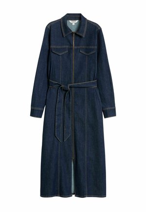 Jeanskleid mit langen Ärmeln, Kragen, Frontreißverschluss und tailliertem Bund. Dunkelblaues Material mit hellem Nähgarn; verfügt über zwei Brusttaschen.