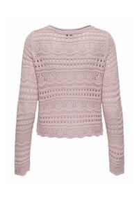 Maglione lavorato a maglia rosa chiaro con maniche lunghe, caratterizzato da intricati motivi in pizzo, orlo scallop e aperture nel tessuto.