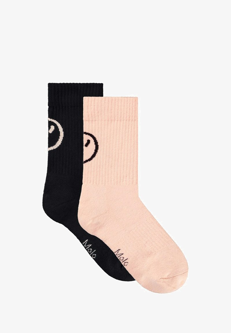 Calcetines acanalados en negro y rosa, con un diseño de cara sonriente en el calcetín negro; textura suave con una combinación de colores contrastante.