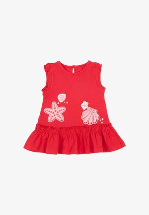 Vestito rosso senza maniche per bambino piccolo con bordi e fondo arricciati, caratterizzato da stampe di stelle marine e conchiglie sulla parte frontale.