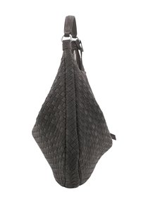Woven dark gray suede bag with a unique triangular shape, featuring a shoulder strap and a textured surface for added detail.