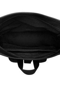 Black handbag with a smooth leather exterior, single zipper closure, and a spacious black fabric interior featuring one slip pocket.