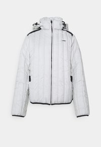 White puffer jacket with horizontal quilted pattern, black accents on shoulders and cuffs, and a hood with adjustable drawstrings. Zipper closure.