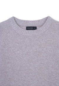 Maglione grigio chiaro a maglia con scollatura rotonda, caratterizzato da una leggera texture e polsini a coste. L'etichetta mostra il nome del marchio "CALLIOPE" e la taglia "S".