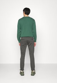 Chemise verte à manches longues avec des poignets côtelés, associée à un pantalon gris fuselé. Portée avec des chaussures à motifs verts et beiges. Vue de dos.