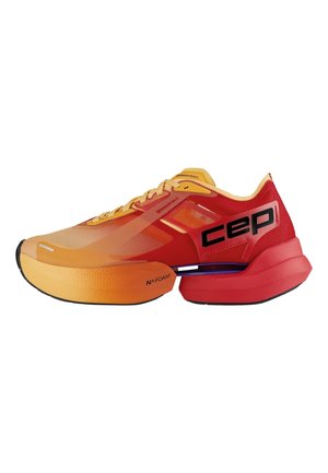 Orange and red athletic running shoe with thick sole, black "cep" logo on side, and "N+ Foam" label on front midsole.