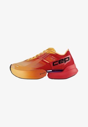 Orange and red athletic running shoe with thick sole, black "cep" logo on side, and "N+ Foam" label on front midsole.
