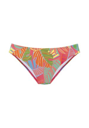 Bunt gemusterte Bikinihose mit einem lebhaften tropischen Blattdesign. Hergestellt aus glattem, dehnbarem Material; verfügt über ein niedrig sitzendes Design und einen schmalen Bund.