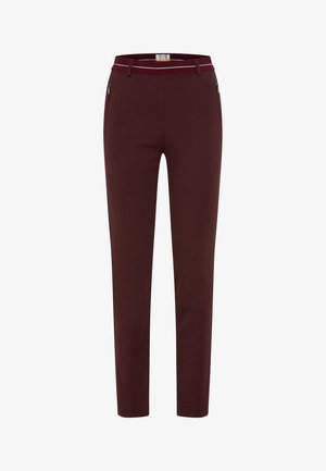 Pantaloni borgogna realizzati in un tessuto elastico, caratterizzati da un design aderente, vita con accenti a contrasto e tasche laterali con zip.