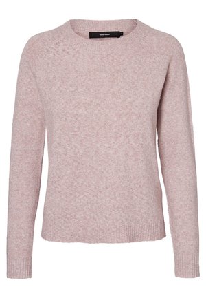 Różowy sweter dzianinowy z okrągłym dekoltem, długimi rękawami i prążkowanym wykończeniem. Miękka tekstura z lekko puszystym wykończeniem.