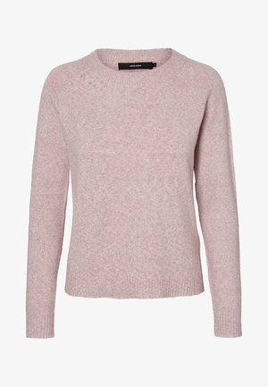 Sweater rosa de malha com gola redonda, mangas longas e bainha canelada. Textura suave com um acabamento ligeiramente peludo.
