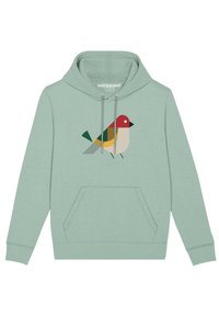 Sudadera verde claro con bolsillo frontal y cordones, que presenta un diseño geométrico de un pájaro en rojo, verde, amarillo y beige en el pecho.