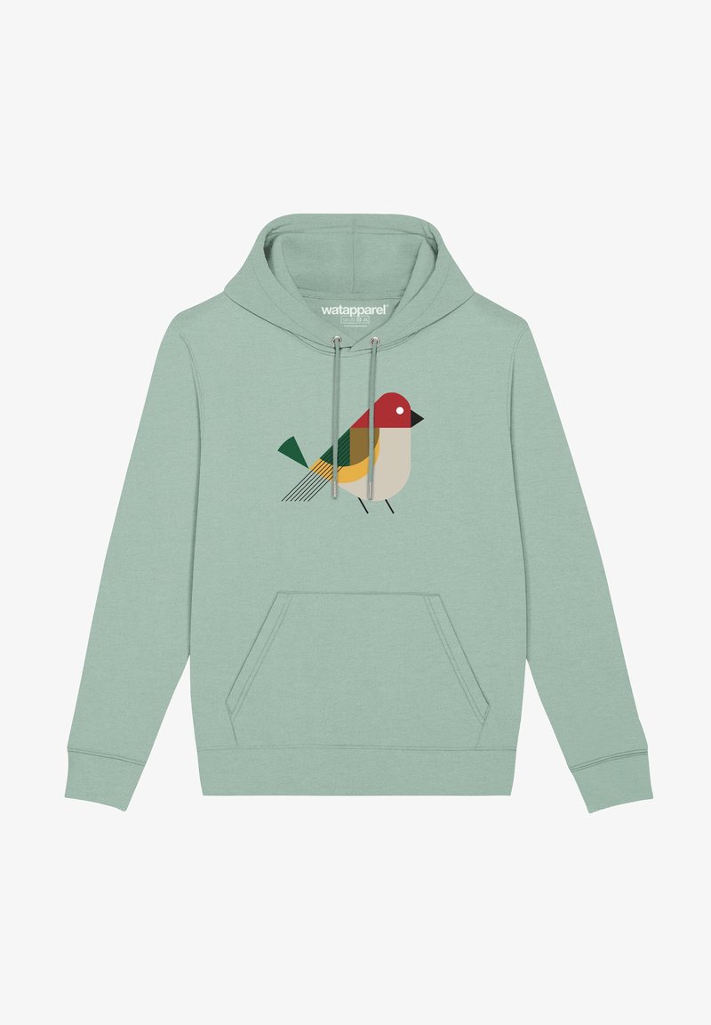 Sudadera verde claro con bolsillo frontal y cordones, que presenta un diseño geométrico de un pájaro en rojo, verde, amarillo y beige en el pecho.