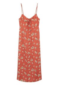 Robe sans manches couleur rouille avec fines bretelles, détail noué à l'avant et motif floral de marguerites blanches uniformément réparti sur le tissu.