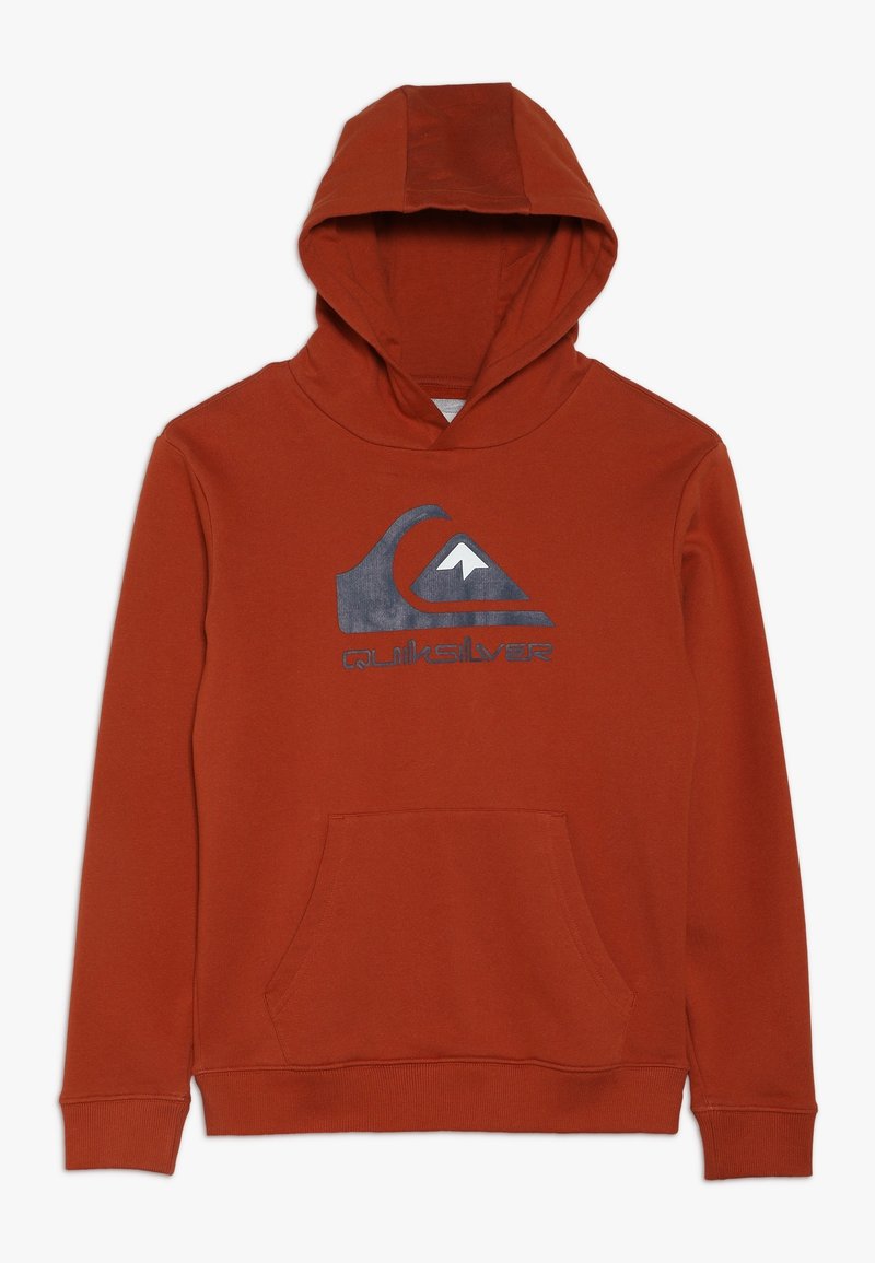 Sweat à capuche couleur rouille avec une poche avant, des poignets côtelés et un logo graphique représentant une montagne. Tissu doux avec une texture lisse.