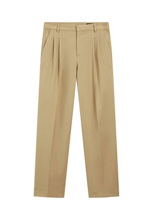 Beżowe spodnie o prostych nogawkach z fałdami z przodu, bocznymi kieszeniami, szlufkami na pasek oraz ukrytym zapięciem na guziki i zamek błyskawiczny z przodu.