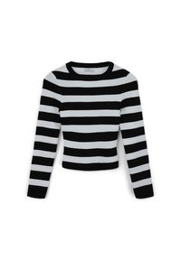 Schwarz-weißer gestreifter langärmeliger Pullover mit Rundhalsausschnitt und geripptem Material, verkürztes Design mit abwechselnd breiten Streifen.