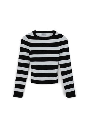 Maglione a maniche lunghe a righe bianche e nere con scollo rotondo e texture a coste, dal design cropped, con righe bold alternate.