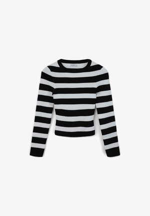 Maglione a maniche lunghe a righe bianche e nere con scollo rotondo e texture a coste, dal design cropped, con righe bold alternate.