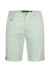 Ljust gröna shorts i en bomullsblandning. Har knäppning med knapp, framfickor och uppvikta fållar. Minimalistisk design med subtil struktur.