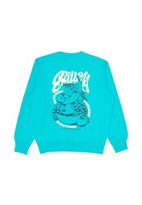 Türkisfarbener Sweatshirt mit Rundhalsausschnitt. Verziert mit einem grafischen Druck von Früchten und verspieltem Text in Hellgelb und Blau. Elastische Bündchen an den Ärmeln.