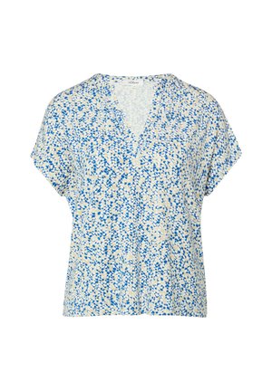 Losse korte mouwen blouse met blauw en beige bloemenprint, V-hals en lichtgewicht stof.