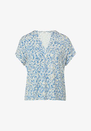 Losse korte mouwen blouse met blauw en beige bloemenprint, V-hals en lichtgewicht stof.