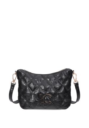 Bolso bandolera de cuero negro acolchado con herrajes dorados, logo LC en el frente y correa de hombro desmontable, mostrado sobre fondo blanco.