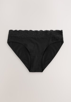 Must puuvillast aluspüksid tekstuuriga pitsist vöökohaga. Disain on madala vöökohaga ja sileda viimistlusega, sobides igapäevaseks kandmiseks.