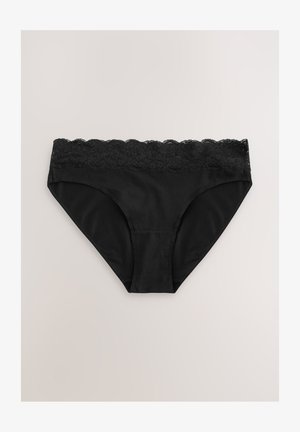 Must puuvillast aluspüksid tekstuuriga pitsist vöökohaga. Disain on madala vöökohaga ja sileda viimistlusega, sobides igapäevaseks kandmiseks.