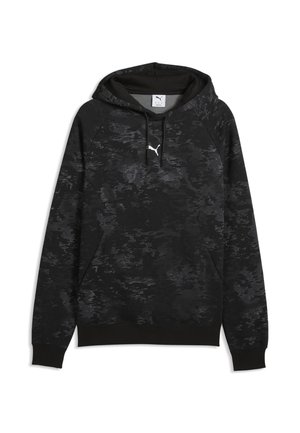 Black and dark gray camo-patterned hooded sweatshirt with front pocket and white Puma logo on the chest.