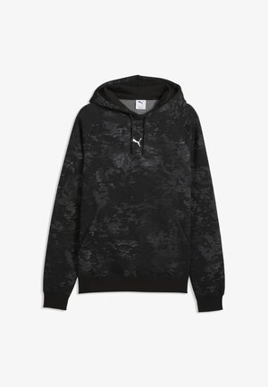 Sweat à capuche camouflage noir et gris foncé avec poche avant et logo Puma blanc sur la poitrine.