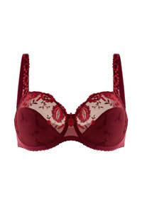 Reggiseno rosso con coppe in rete trasparente, ricamo floreale, spalline decorative e bordi a scallop. Presenta il ferretto per supporto e un dettaglio centrale a fiocco.