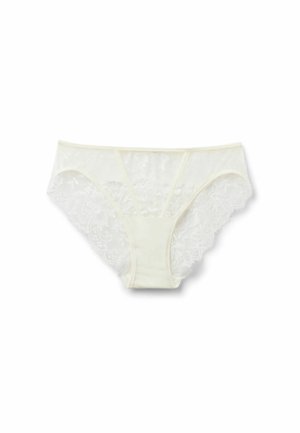 Cremefarbene Damen-Bikini-Slips aus Spitze mit Blumenmustern, transparenten Stoffseiten und festem Baumwollzwickel vor weißem Hintergrund.