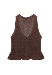 Brązowa dzianinowa kamizelka z głębokim dekoltem w serek, z guzikami z przodu i falbanistym wykończeniem na dole. Całość wykonana z otwartej, ażurowej dzianiny.